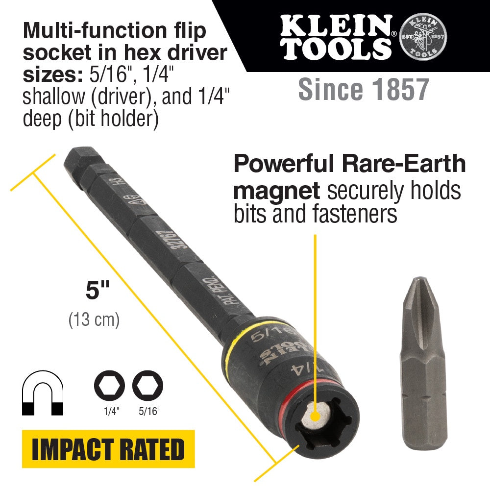 Klein 3-in-1 Impact Flip Socket, 1/4-Inch, 5/16-Inch, 5-Inch Length #32767