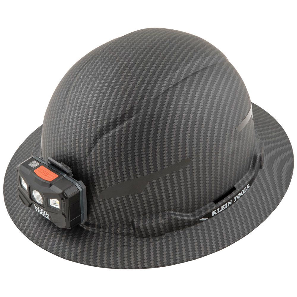 Klein Non-Vented Full Brim Hard Hat, Premium KARBN™ Pattern, Class E, w/Lamp #60346