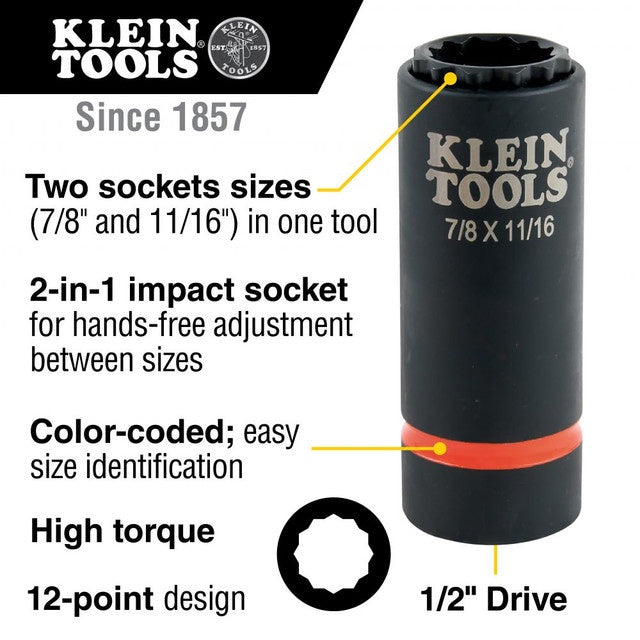 Klein 2-in-1 Impact Socket, 12-Point, 7/8 and 11/16-Inch 66014
