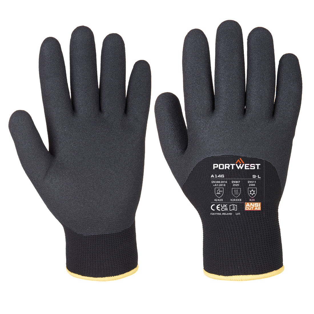 Portwest Cold 15 Nitrile Sandy 3/4 Dipped Glove Black -A146