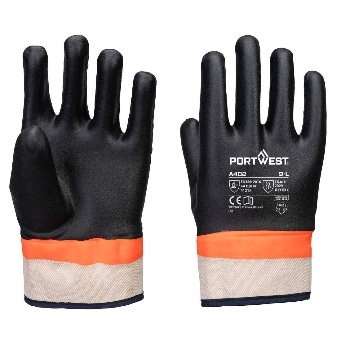 Portwest Grip PVC Double Dipped Sandy Glove Black/Orange - #A402