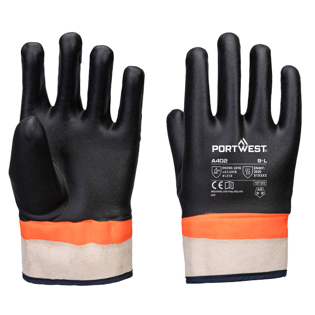 Portwest Grip PVC Double Dipped Sandy Glove Black/Orange - #A402