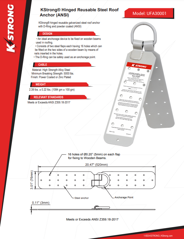 KStrong® Hinged Reusable Steel Roof Anchor (ANSI) #UFA30001