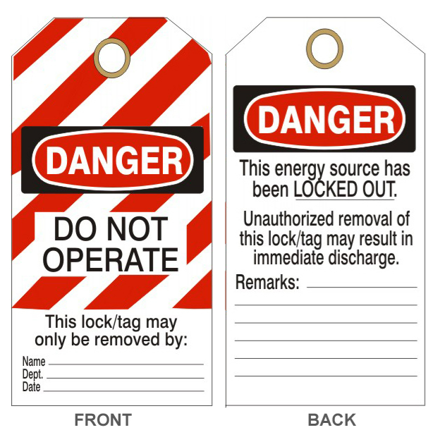 Brady Lockout Tags, Danger: "Do Not Operate", Striped Cardstock, 5 3/4" x 3", Red/Black/White, 25/Pk #65452