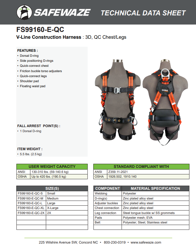 Safewaze V-Line Construction Harness: 3D, QC Chest, TB Legs