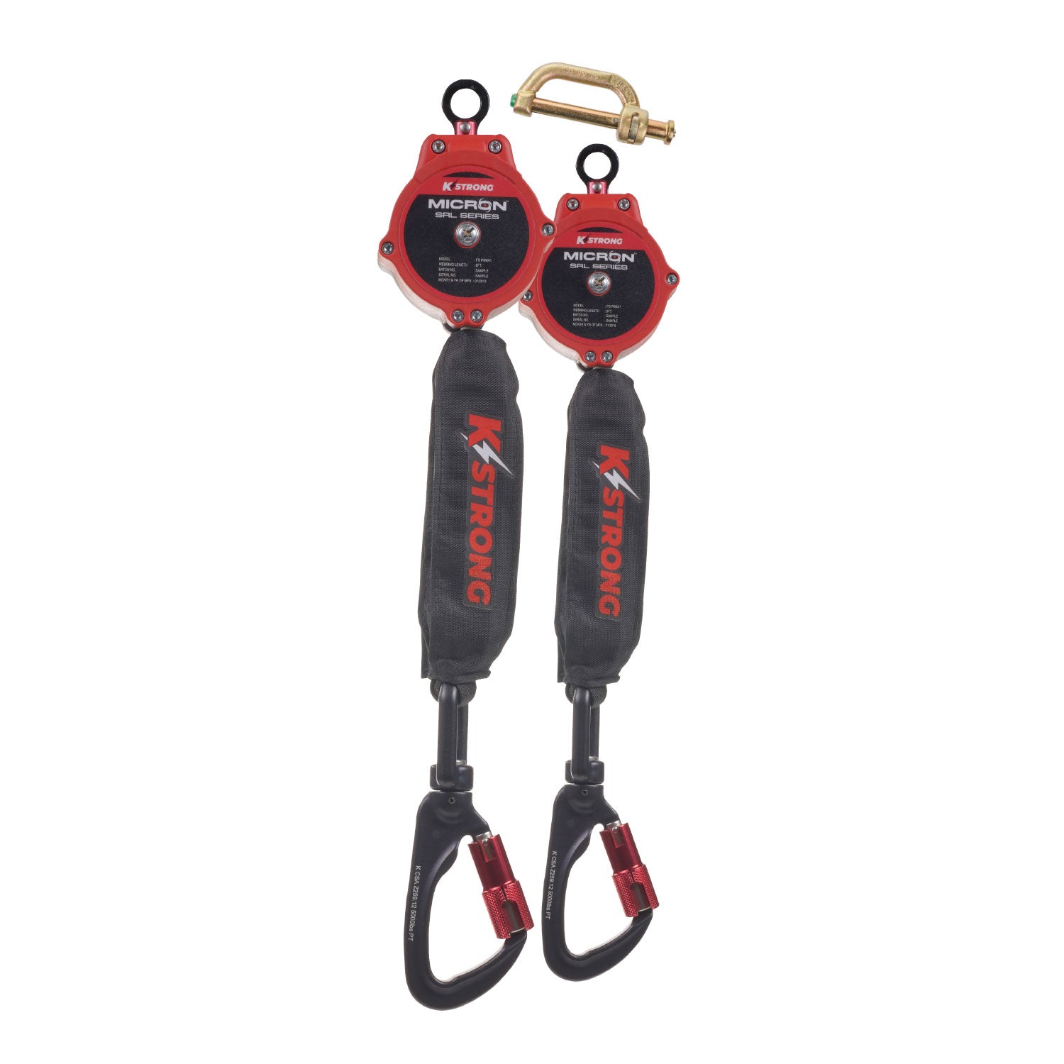 KStrong® Dual 6 ft. Micro SRL assembly with aluminum carabiners (ANSI). Includes connector to attach to harness.