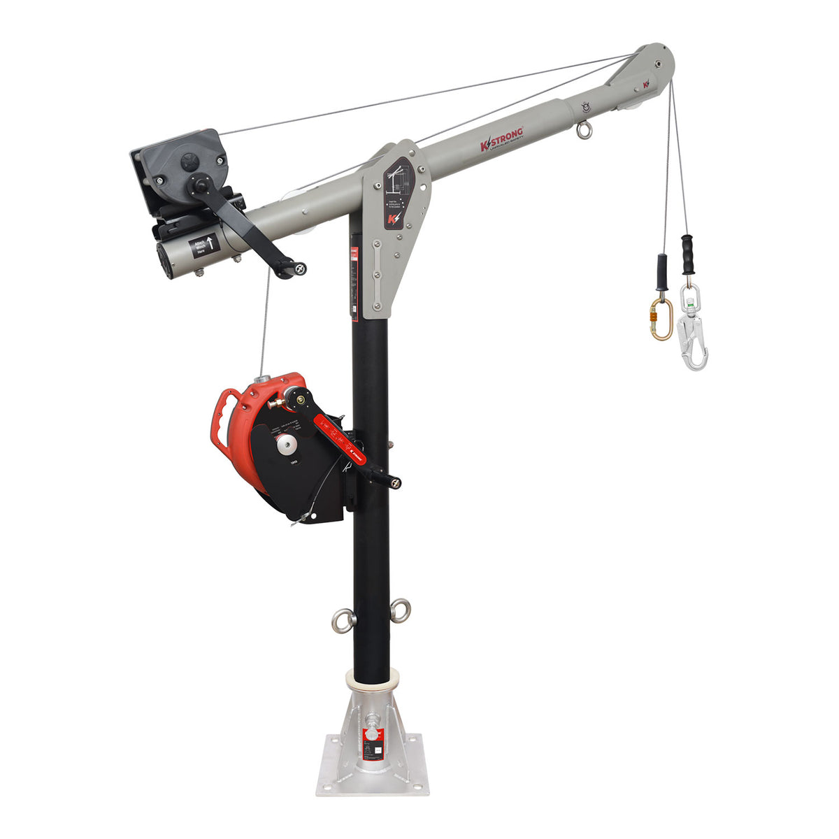 KStrong® Megadavit™ Floor Mount Deluxe Kit. Includes Floor Mount Column Mast Receiver, 54 in. Column Mast, 3 ft. Cantilever Boom Arm with Winch Bracket, 60 ft. 3-way Rescue Retrieval SRL-R with Mounting Bracket, and 60 ft. Material / Personnel Winch