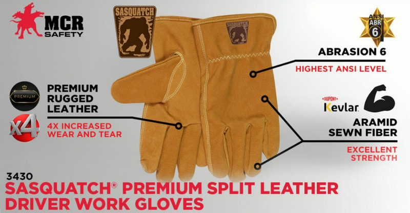 Sasquatch® Leather Driver Work Gloves Premium Grade Split Leather Sewn with Heat Resistant Aramid Keystone Thumb - HardHatGear