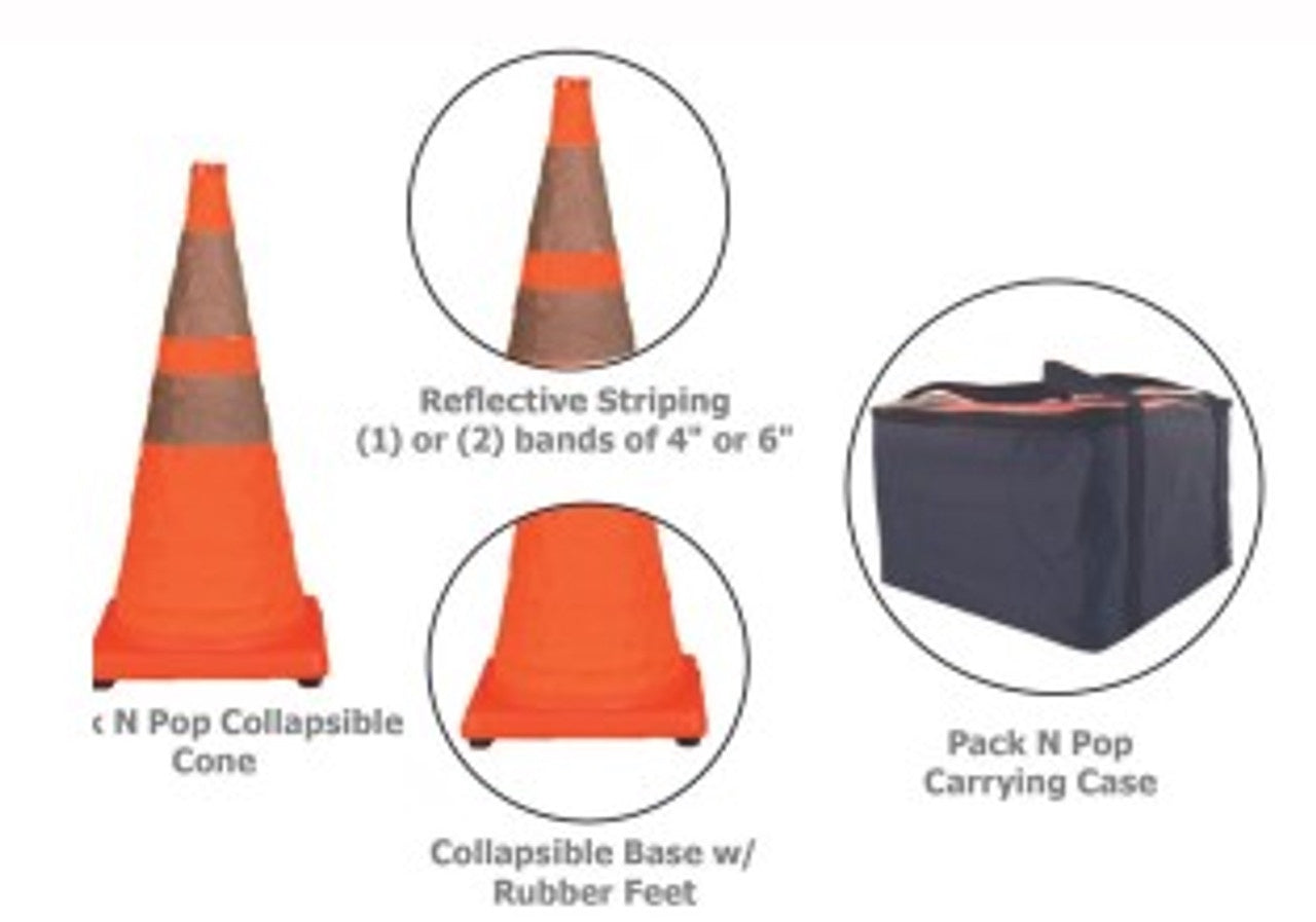 Cortina 28 Collapsible Traffic Cone, 4 LED Lights, Orange, Black Rubber Base, 5/Pack