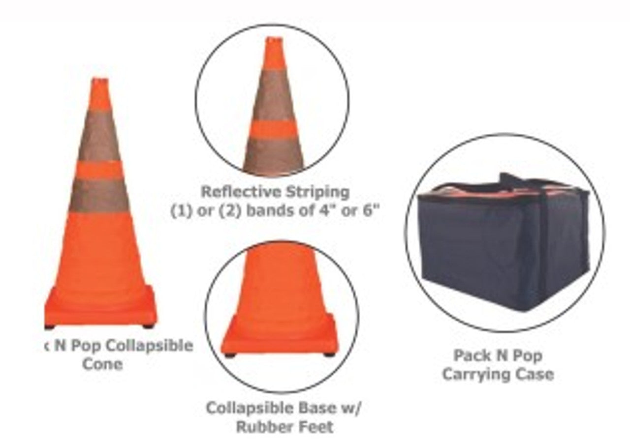 Cortina 28 Collapsible Traffic Cone, 4 LED Lights, Orange, Black Rubber Base, 5/Pack