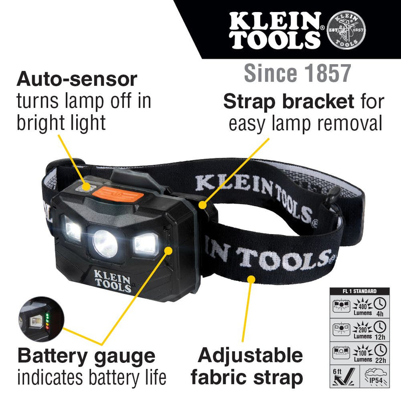 Klein Rechargeable Headlamp with Fabric Strap, 400 Lumens, All-Day Runtime