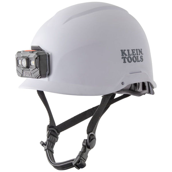Klein Safety Helmet, Non-Vented-Class E, with Rechargeable Headlamp, White #60146 - HardHatGear