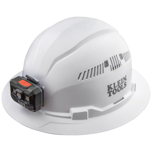 Klein Hard Hat, Vented, Full Brim with Rechargeable Headlamp, White - HardHatGear