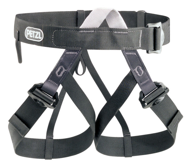 PETZL Part #C29 N  Lightweight and compact seat harness with equipment loop. Flexible equipment loop dœsn't interfere with a backpack. Waistbelt and leg loops equipped with self-locking DoubleBack buckles for quick and easy adjustment. Material(s): polyester and Dyneema attachment point, nylon webbing. Certification(s): CE EN 12277 type C, UIAA 105.