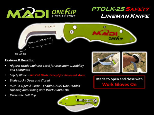 MADI OneFlip Lineman Knife - Safety Blade PTOLK-2S - HardHatGear
