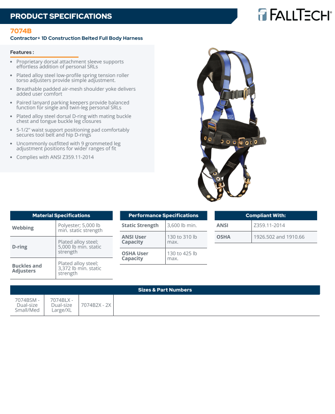Falltech Contractor+ 1D-Ring Construction Belted Full Body Harness