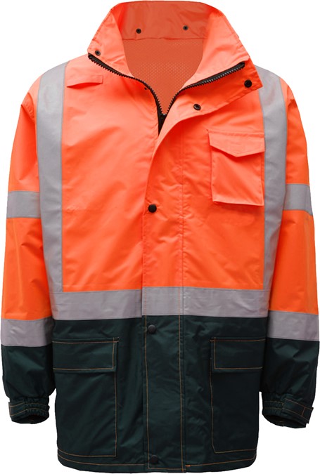 GSS Class 3 Premium Hooded Hi-Viz Orange Rain Jacket Black Bottom #6004 - HardHatGear