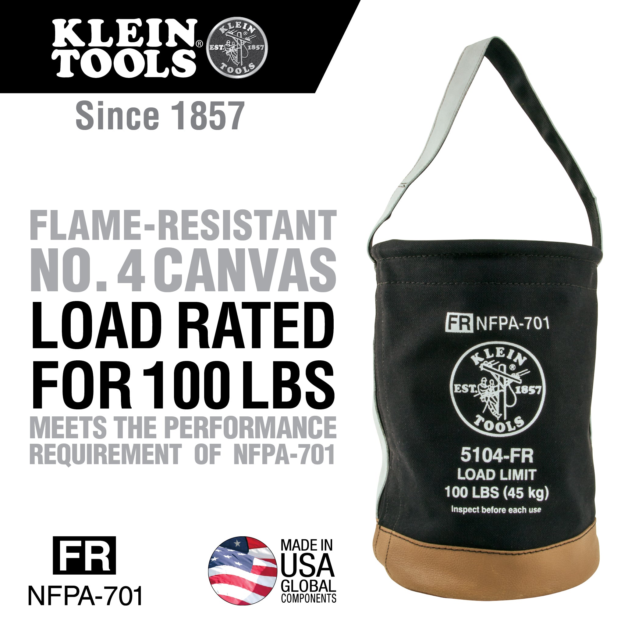 Klein Tools Canvas Bucket, Flame-Resistant, 12-Inch 5104FR