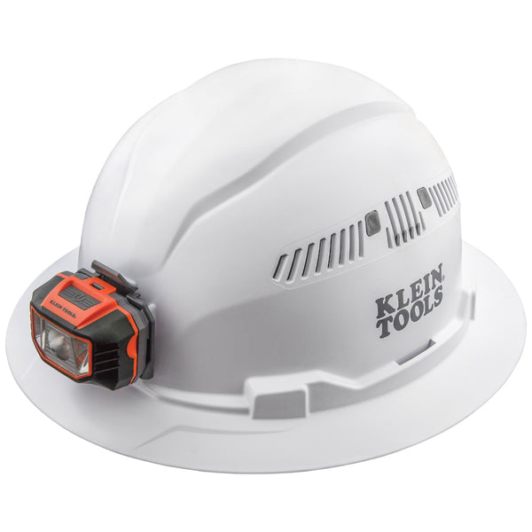 Klein Hard Hat, Vented, Full Brim with Headlamp, White