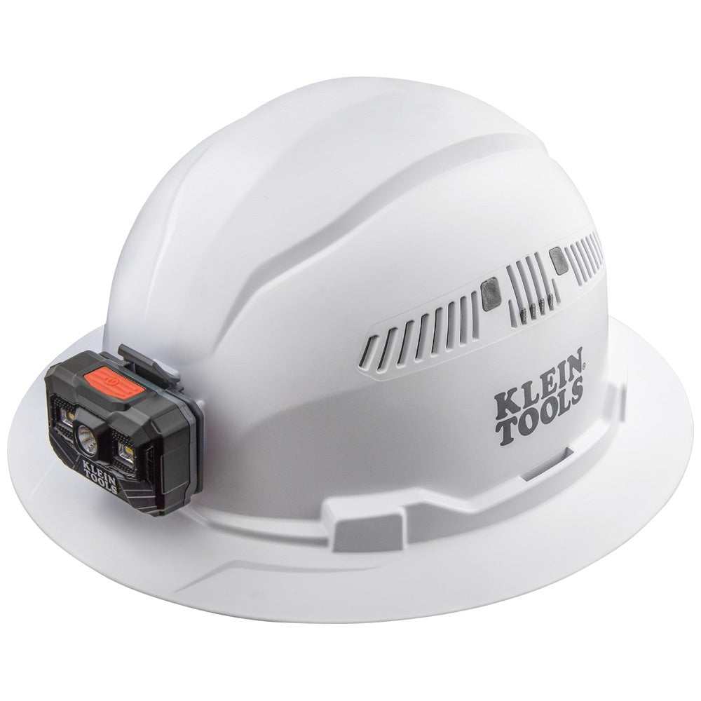 Klein Tools Hard Hat, Vented, Full Brim with Rechargeable Headlamp, White