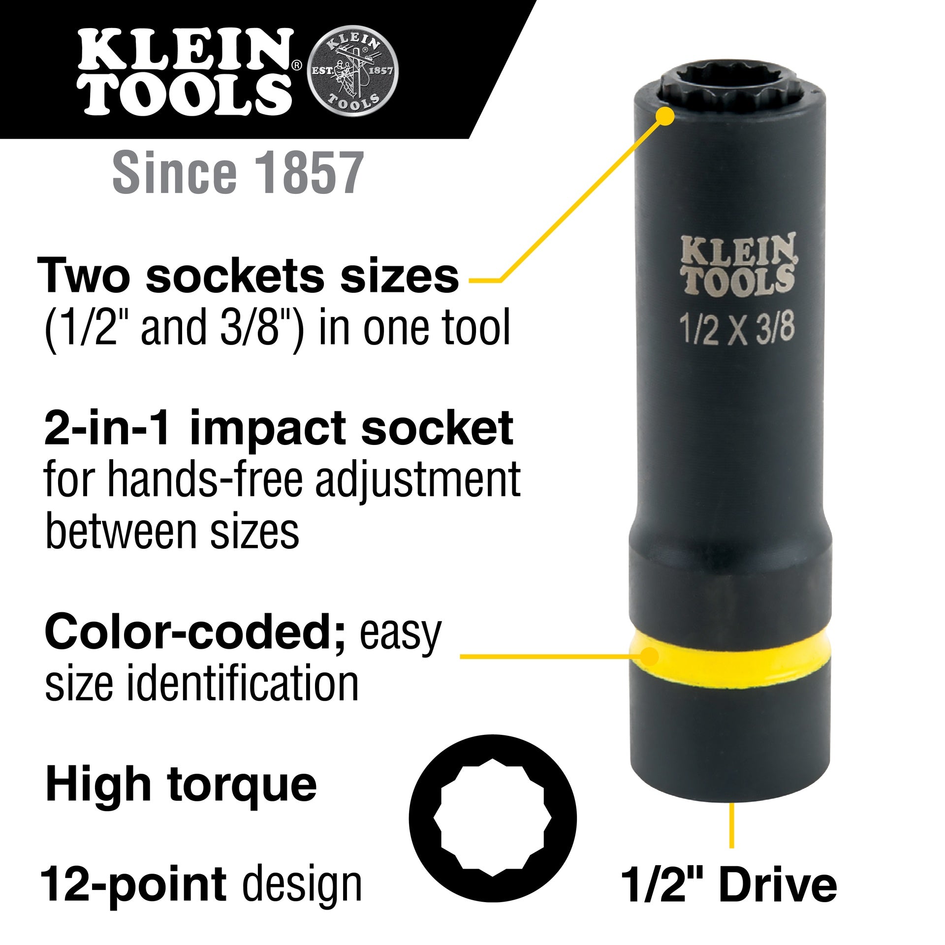 Klein 2-in-1 Impact Socket, 12-Point, 1/2 and 3/8-Inch