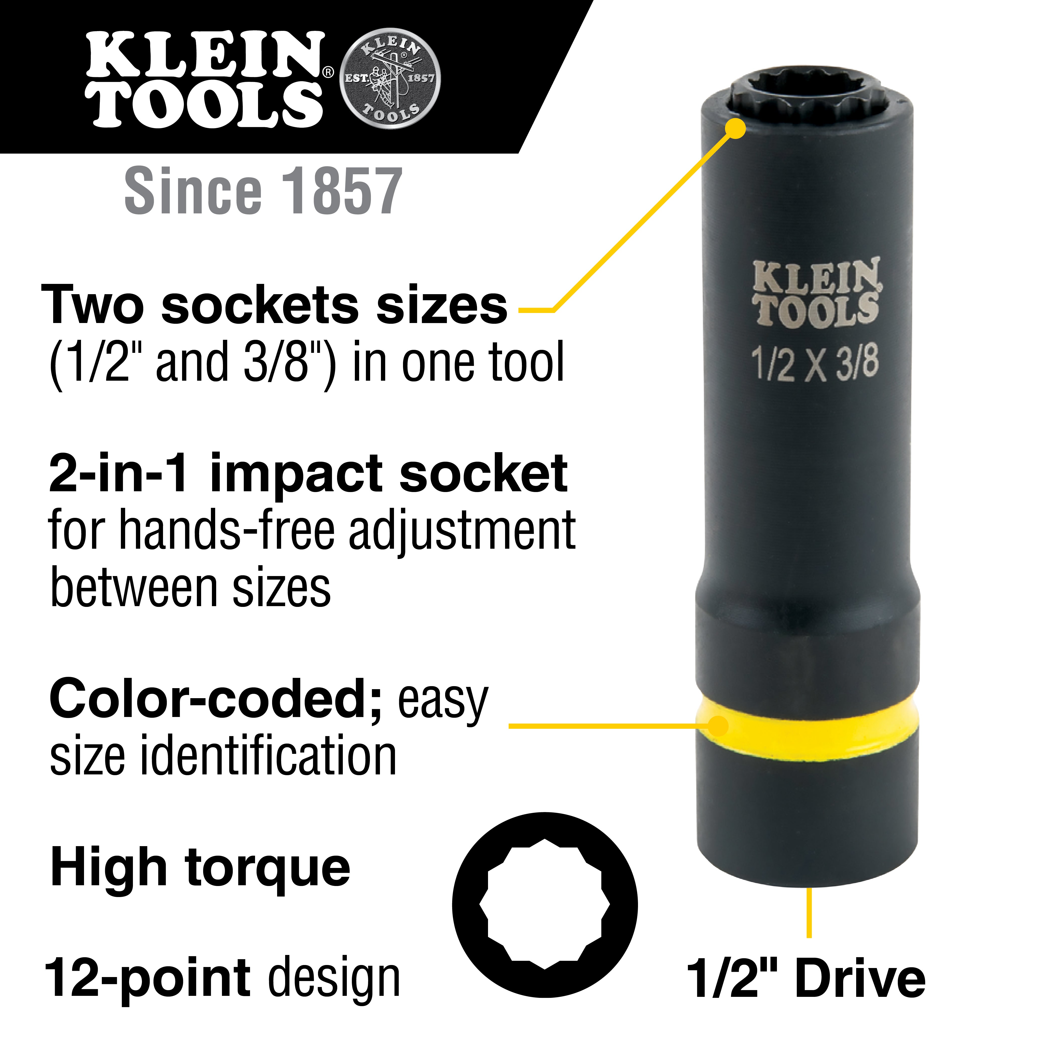 Klein 2-in-1 Impact Socket, 12-Point, 1/2 and 3/8-Inch