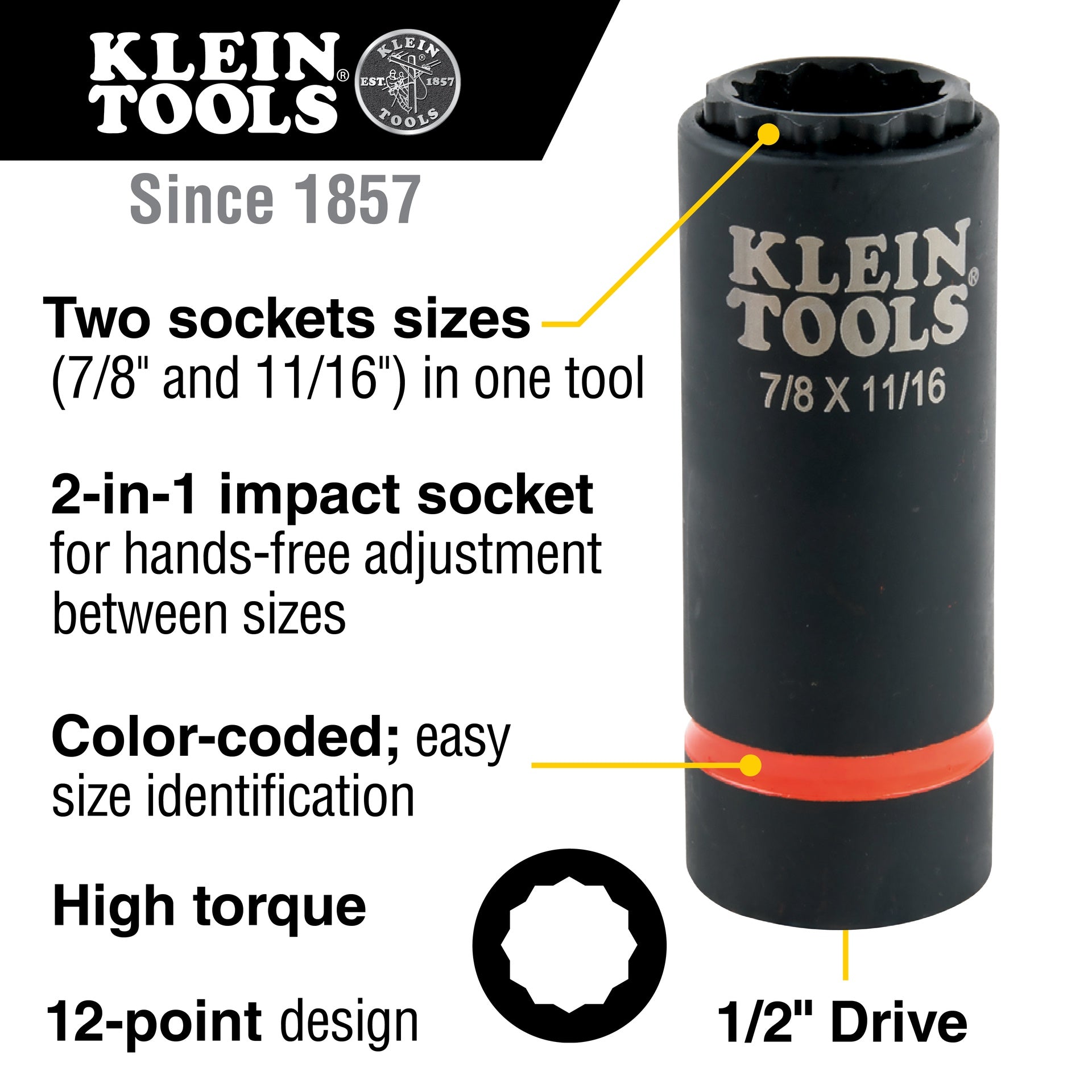 Klein 2-in-1 Impact Socket, 12-Point, 7/8 and 11/16-Inch