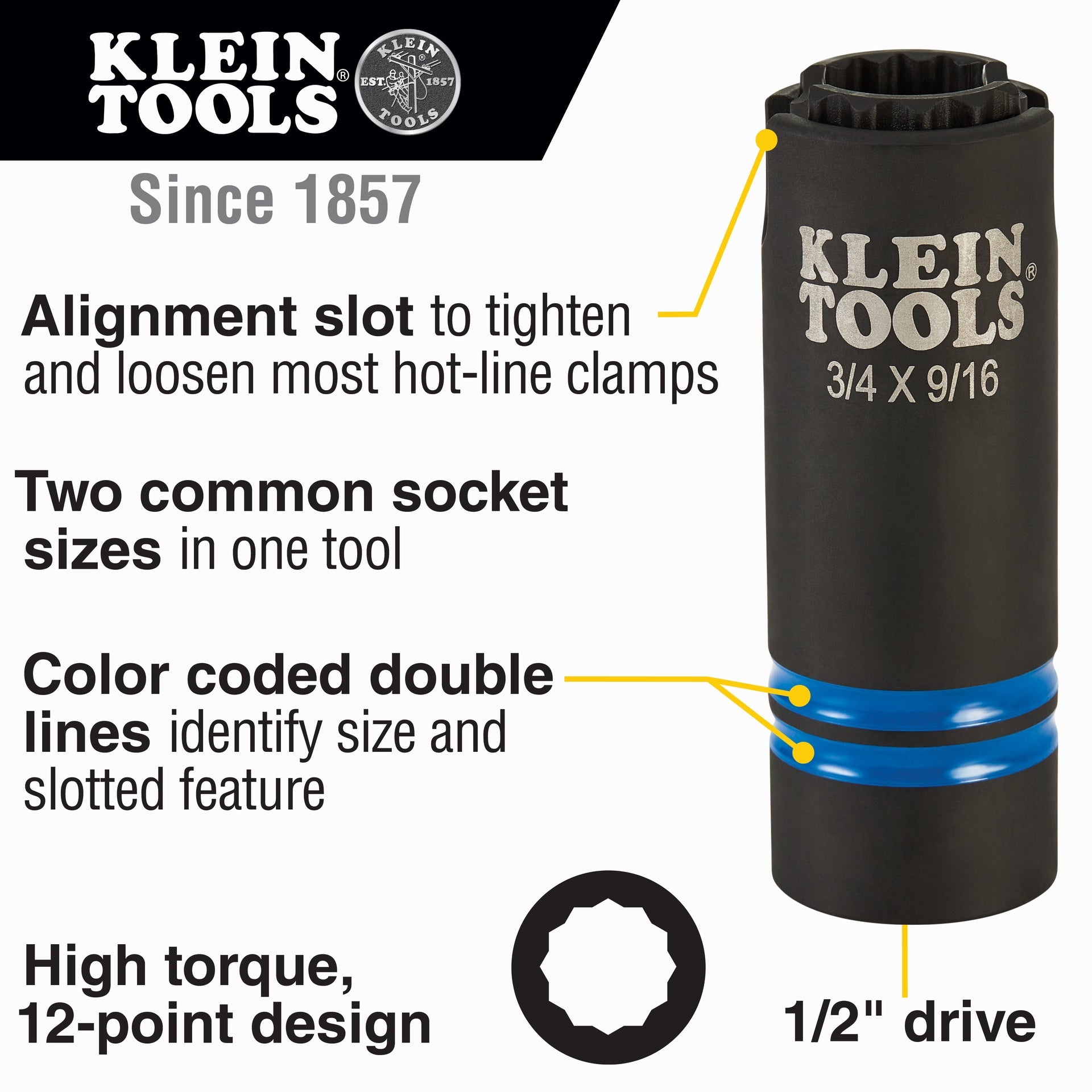 Klein 3-in-1 Slotted Impact Socket, 12-Point, 3/4 and 9/16-Inch #66031