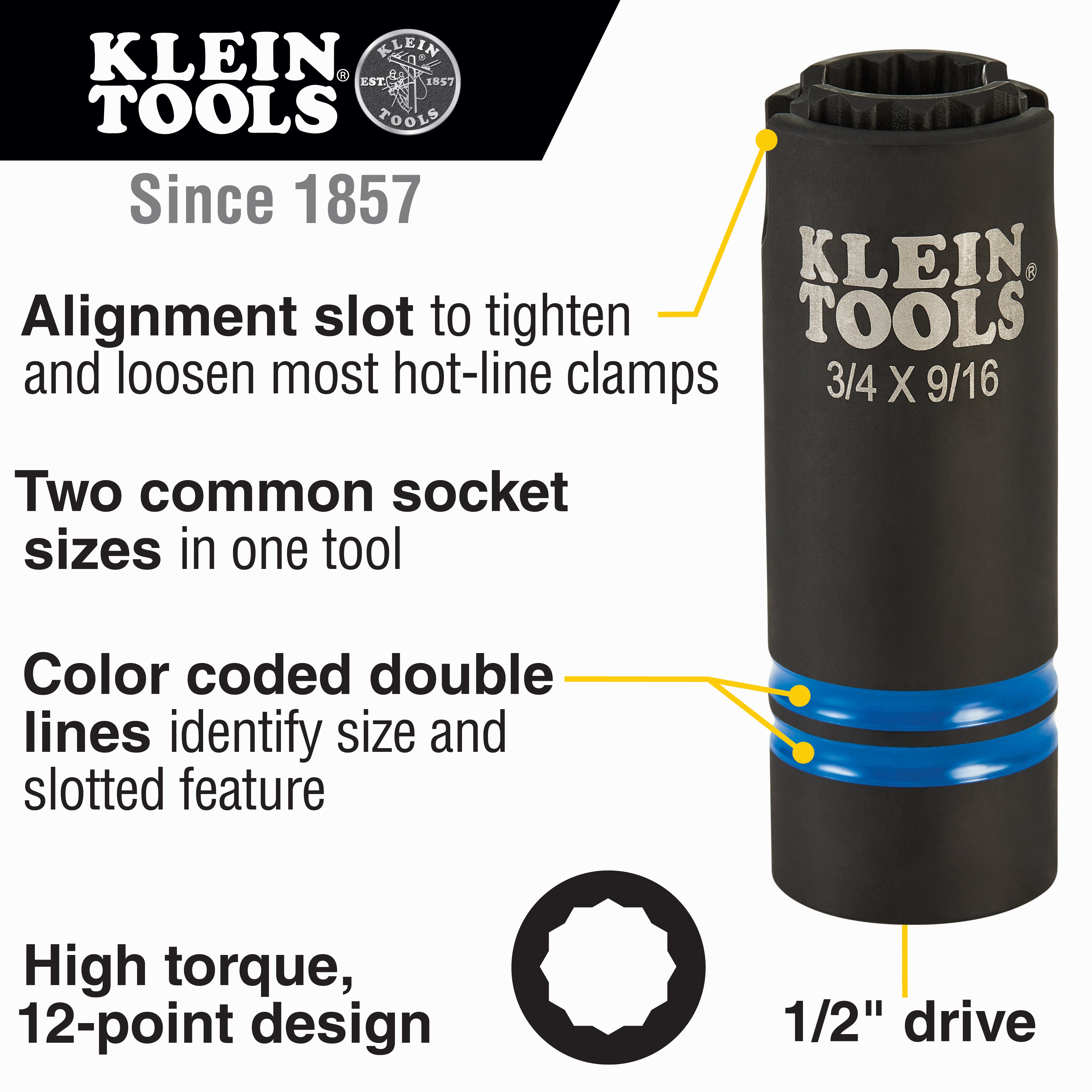 Klein 3-in-1 Slotted Impact Socket, 12-Point, 3/4 and 9/16-Inch #66031
