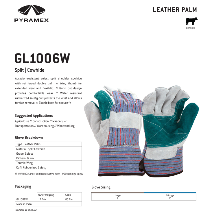 Pyramex Cowhide Safety Cuff--GL1006W-Dozen