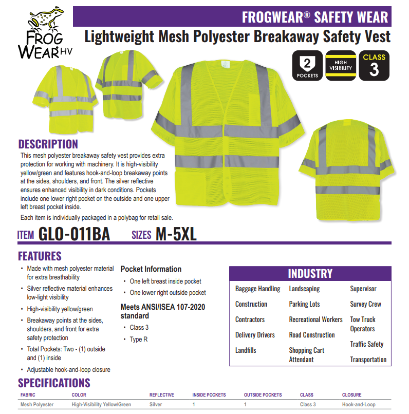 FrogWear® HV Lightweight Mesh Polyester Breakaway Safety Vest - GLO-011BA