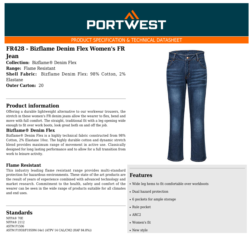 Portwest Bizflame Denim Flex Women's FR Jean Indigo FR428