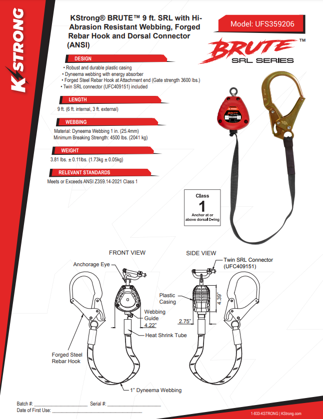 KStrong® BRUTE™ 9 ft. SRL with Hi-Abrasion Resistant Webbing, Forged Rebar Hook and Dorsal Connector (ANSI)