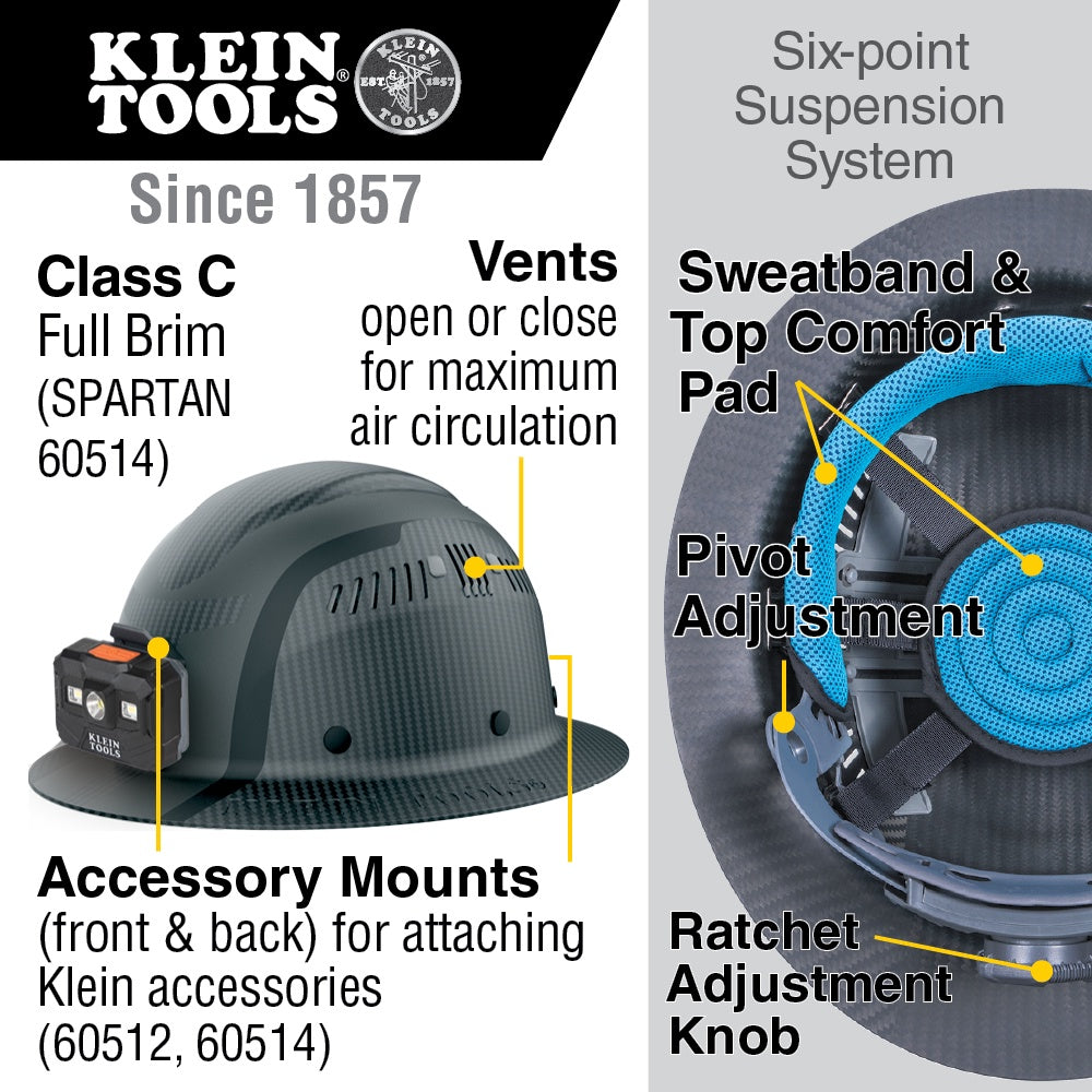 Klein Carbon Fiber Full Brim Hard Hat with Headlamp, Spartan Vented #60514