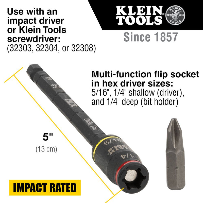 Klein 3-in-1 Impact Flip Socket, 1/4-Inch, 5/16-Inch, 5-Inch Length