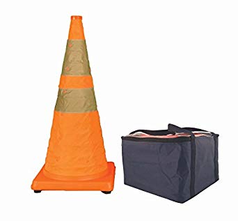 Cortina 28 Collapsible Traffic Cone, 4 LED Lights, Orange, Black Rubber Base, 5/Pack