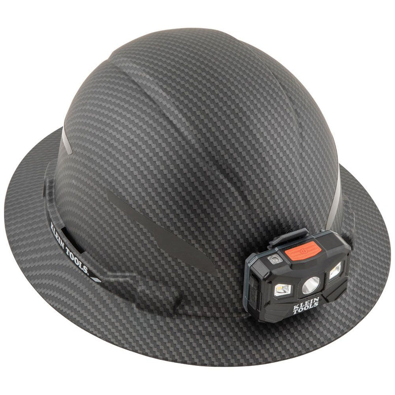 Klein Non-Vented Full Brim Hard Hat, Premium KARBN™ Pattern, Class E, w/Lamp