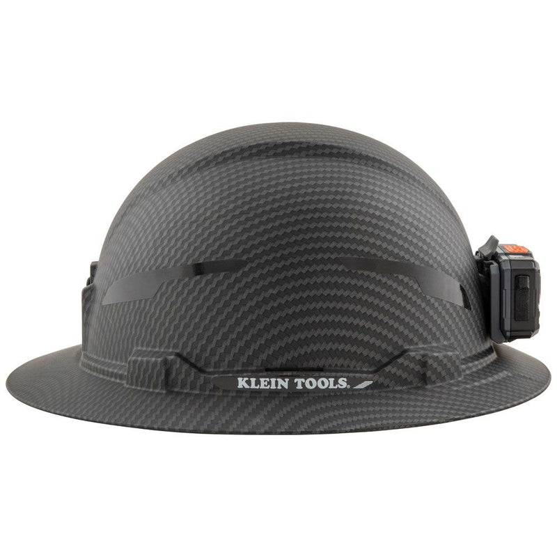 Klein Non-Vented Full Brim Hard Hat, Premium KARBN™ Pattern, Class E, w/Lamp