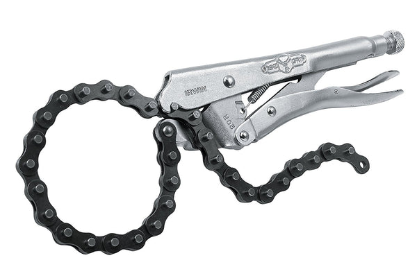 Chain holds and locks around any pipe or awkward shape piece. Turn screw to adjust pressure and fit work. Stays adjusted for repetitive use. Guarded release trigger quickly unlocks and protects from accidental release. Capacity 3 1/8" Made in USA
