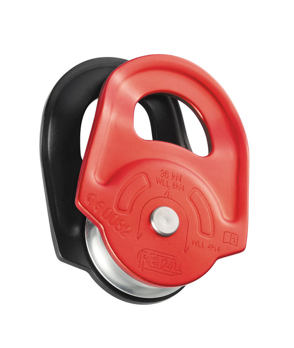 Petzl Part #P50A High-strength pulley with swinging side plates. The RESCUE pulley is very strong and efficient: ideal for rescue, hauling heavy loads and intensive use. Designed to maneuver heavy loads or for intensive use. Large diameter sheave mounted on sealed ball bearings for excellent efficiency. Accepts up to three carabiners to facilitate use. Material(s): aluminum side plates, aluminum sheave. Certification(s): CE EN 12278, UIAA.