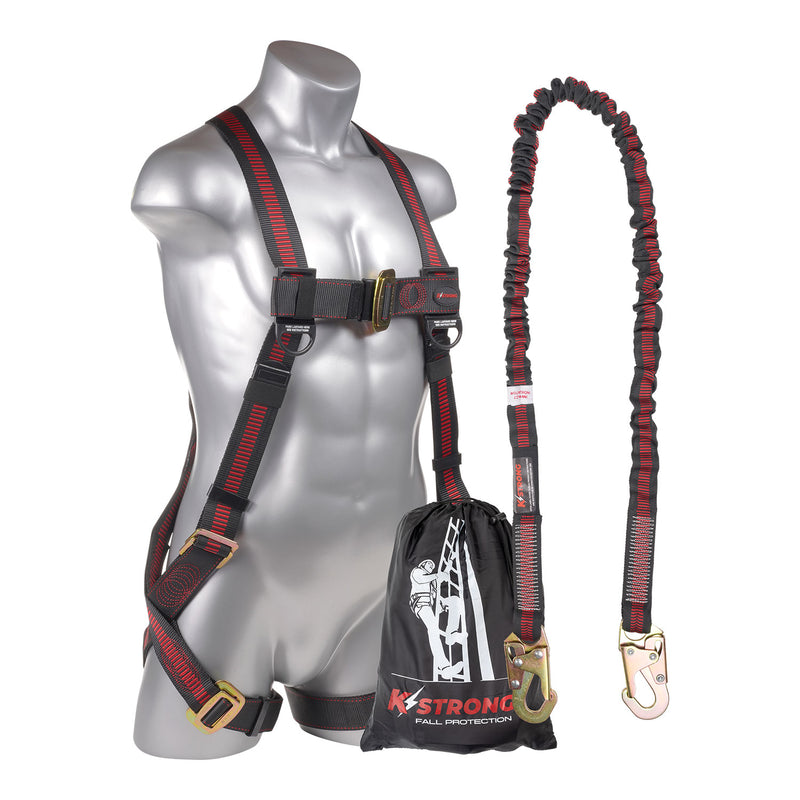 KStrong® KaptureElite 5-Point Full Body Harness, Dorsal D-Ring, MB Legs w/Internal Design Shock Absorbing Lanyard w/Snap Hooks