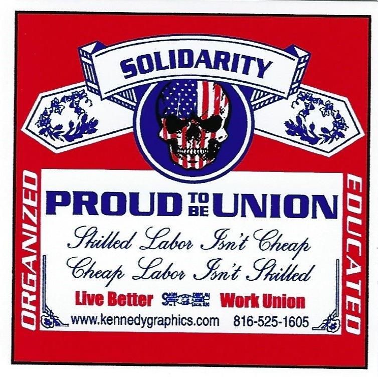 red, white, and blue with skull solidarity proud to be union hard hat sticker
