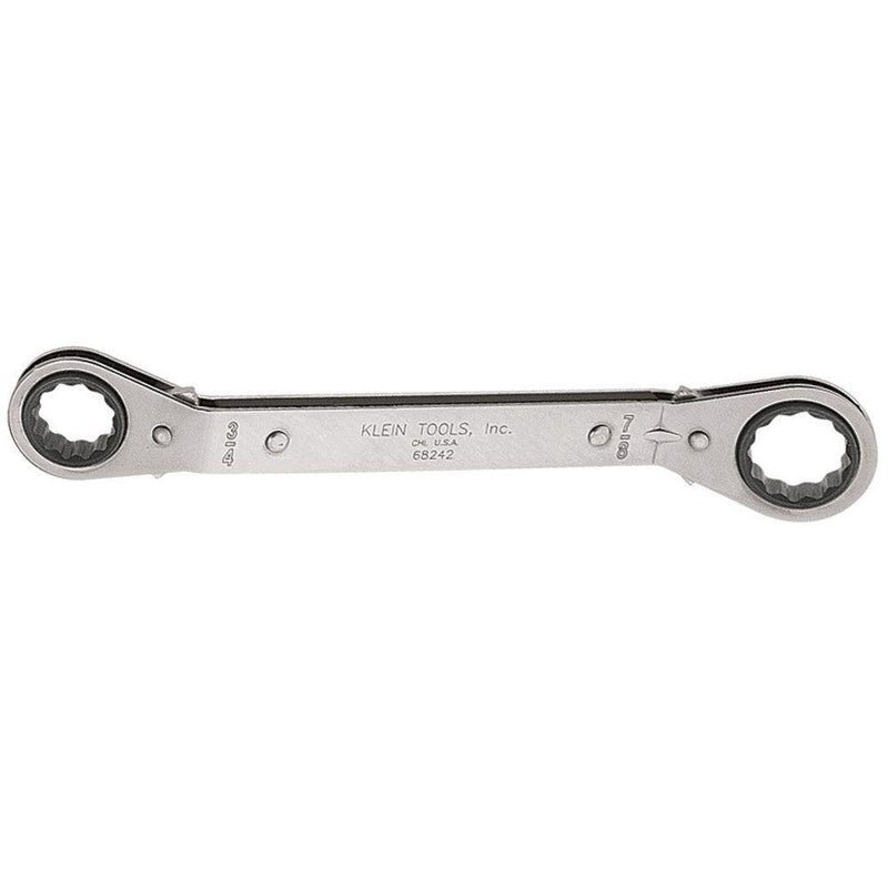 Just flip a switch to instantly reverse the ratcheting action on this Fully Reversible Ratcheting Offset Box Wrench from Klein Tools. Both ends are offset by 25˚ making them more convenient to use in confined spaces. The open sockets are also great on long bolts. A different size opening on each end is great for multiple applications.