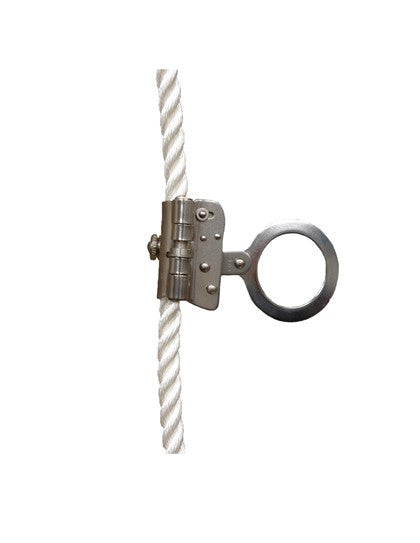 Elk River Part #19260  5/8" or 3/4" Trailing Rope Grab. Connectors: 2" ring. Anti-Inversion, Dual Size. Designed for use with 5/8” or 3/4” 3-strand synthetic rope. Anti Inversion gravity device built-in to alert up-side down installation. ANSI A10.32-2004; ANSI Z359.1-2007
