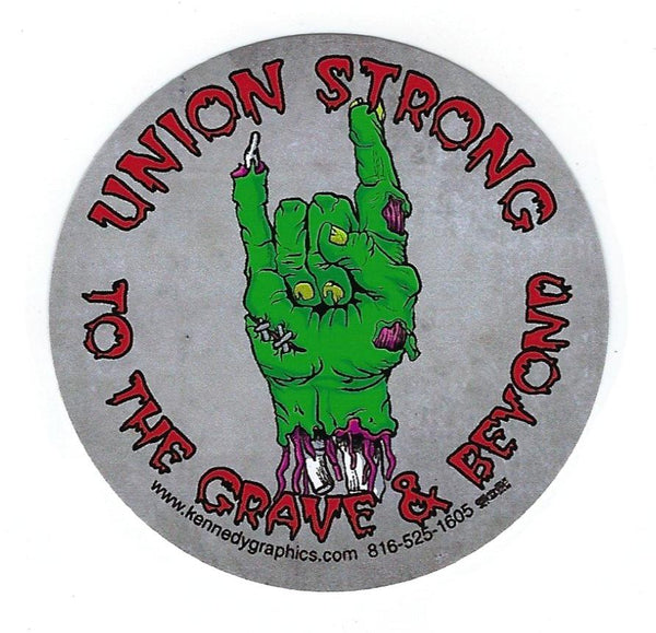 union strong to the grave & beyond zombie hand hard hat sticker